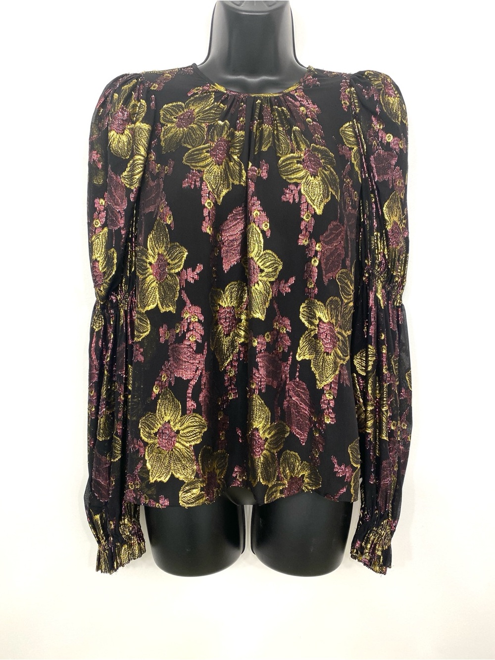 Ulla Johnson Aster Fil Coupé Silk Metallic Floral Blouse Black Gold 2/S Holiday